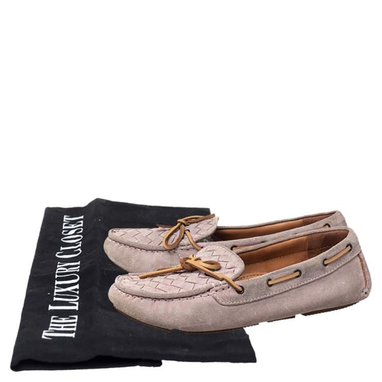 Pre Owned Bottega Veneta Pink Intrecciato Suede Bow Slip On Loafers Size 37