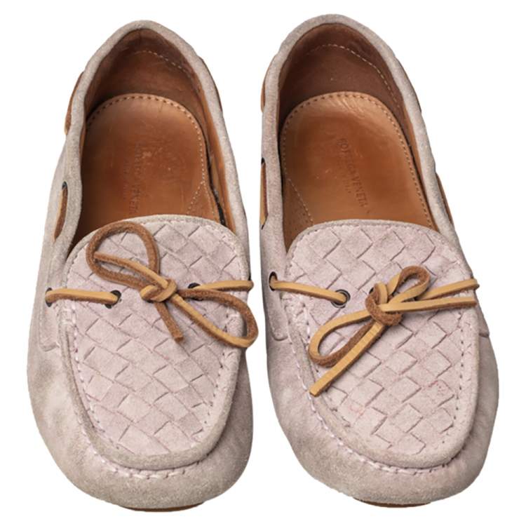 Pre Owned Bottega Veneta Pink Intrecciato Suede Bow Slip On Loafers Size 37