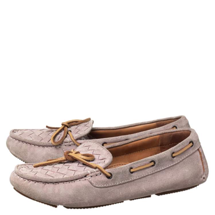 Pre Owned Bottega Veneta Pink Intrecciato Suede Bow Slip On Loafers Size 37