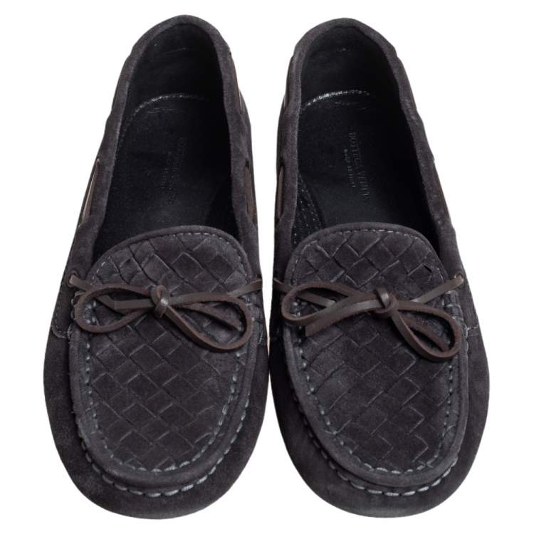 Pre Owned Bottega Veneta Black Intrecciato Suede Bow Slip On Loafers Size 36.5