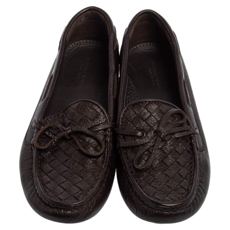 Pre Owned Bottega Veneta Brown Intrecciato Leather Bow Slip On Loafers Size 36
