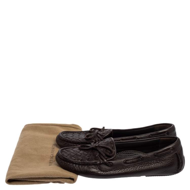Pre Owned Bottega Veneta Brown Intrecciato Leather Bow Slip On Loafers Size 36