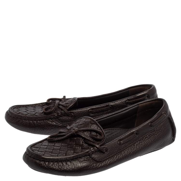 Pre Owned Bottega Veneta Brown Intrecciato Leather Bow Slip On Loafers Size 36