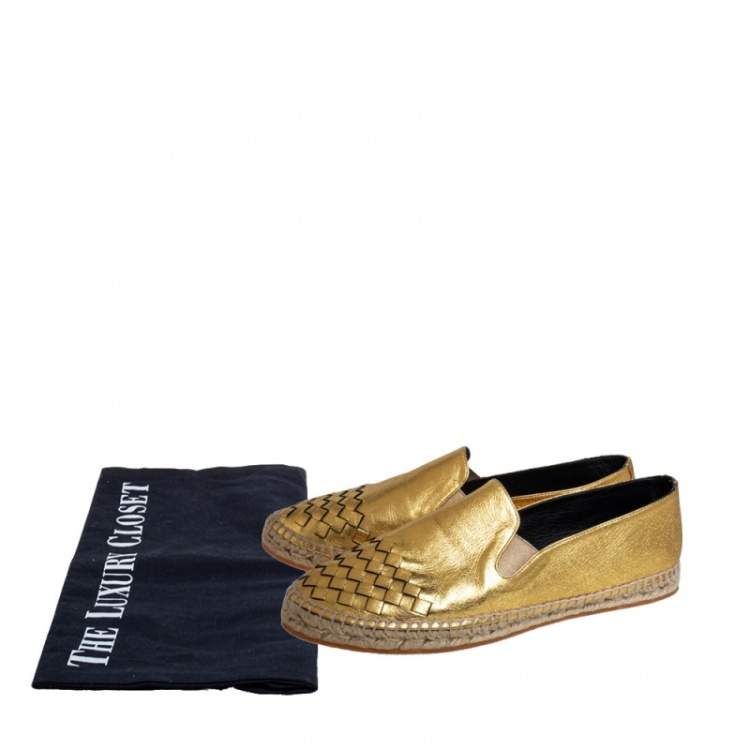 Pre Owned Bottega Veneta Gold Intrecciato Leather Espadrille Sneaker Size 41