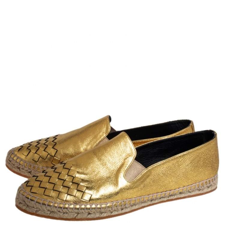 Pre Owned Bottega Veneta Gold Intrecciato Leather Espadrille Sneaker Size 41