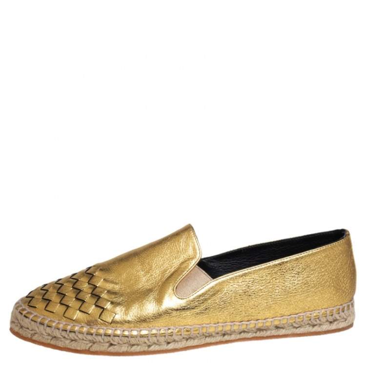 Pre Owned Bottega Veneta Gold Intrecciato Leather Espadrille Sneaker Size 41