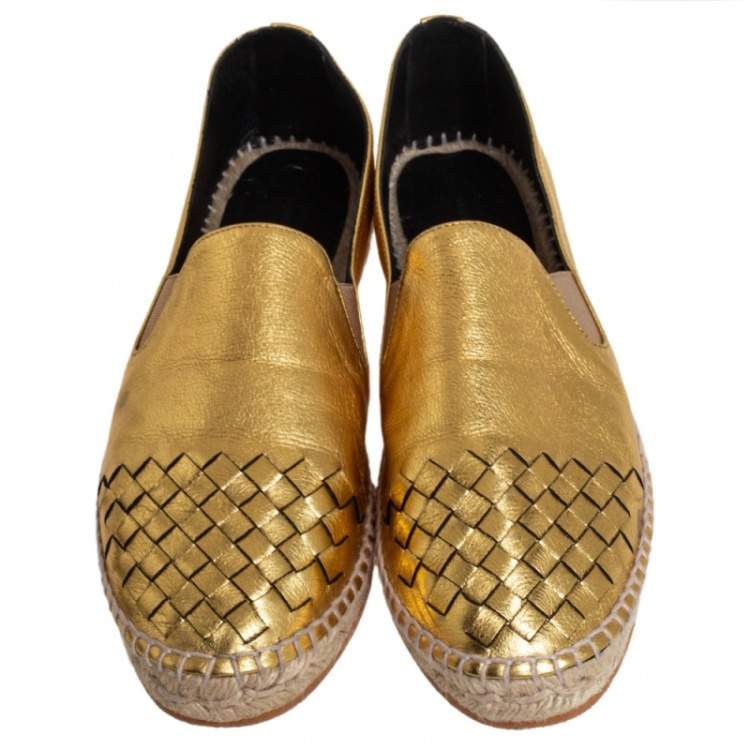 Pre Owned Bottega Veneta Gold Intrecciato Leather Espadrille Sneaker Size 41