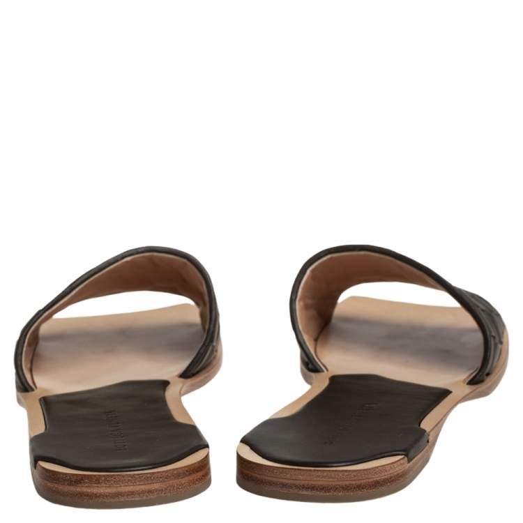 Pre Owned Bottega Veneta Dark Olive Green Intrecciato Leather Slide Flats Size 40.5