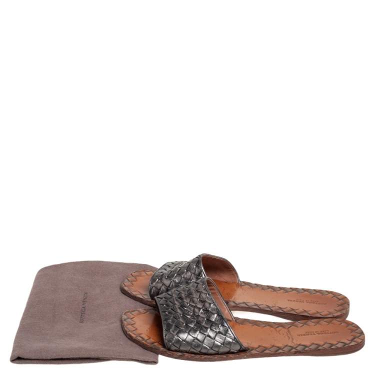 Pre Owned Bottega Veneta Metallic Grey Intrecciato Leather Ravello Flats Size 39