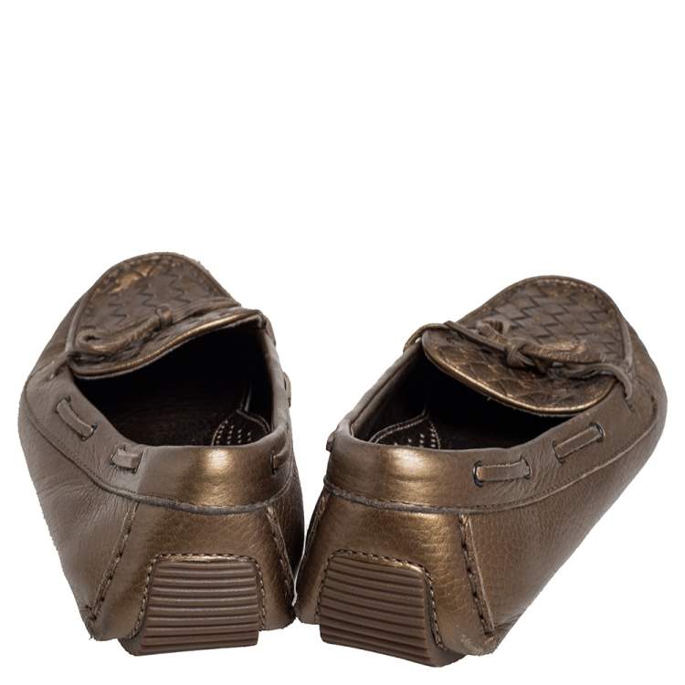 Pre Owned Bottega Veneta Metallic Gold Intrecciato Leather Wave Driving Loafers Size 41