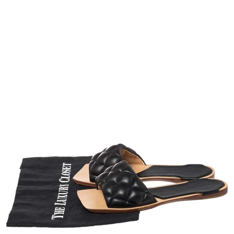 Pre Owned Bottega Veneta Black Quilted Leather Flat Slides Size 38