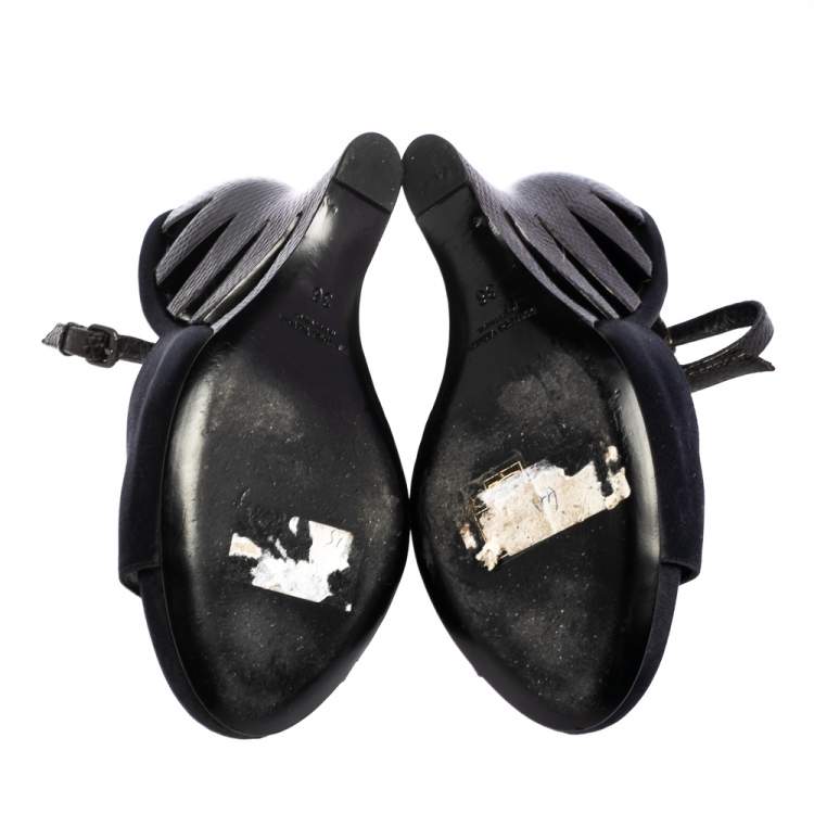 Pre Owned Bottega Veneta Black Satin And Python Embossed Leather  T-Strap Wedge Sandals Size 36