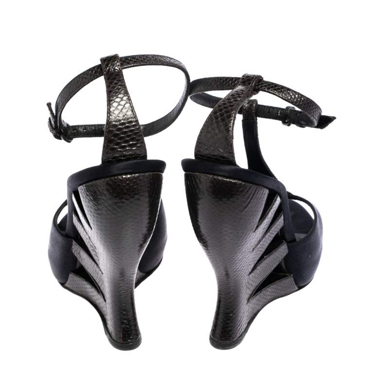 Pre Owned Bottega Veneta Black Satin And Python Embossed Leather  T-Strap Wedge Sandals Size 36