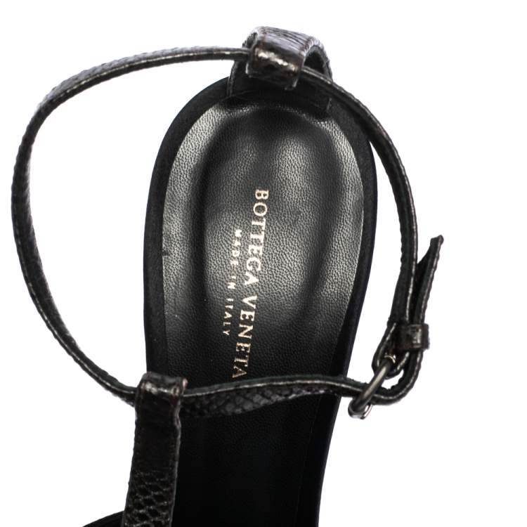Pre Owned Bottega Veneta Black Satin And Python Embossed Leather  T-Strap Wedge Sandals Size 36