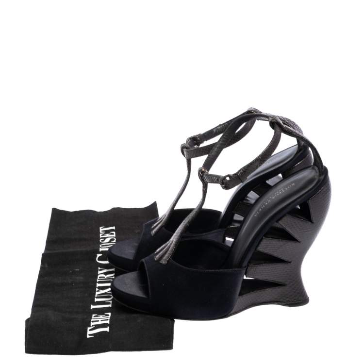 Pre Owned Bottega Veneta Black Satin And Python Embossed Leather  T-Strap Wedge Sandals Size 36