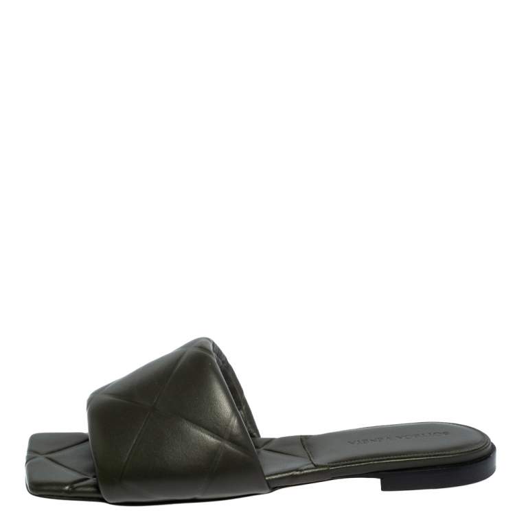 Pre Owned Bottega Veneta Olive Green Slide Flats Size 38