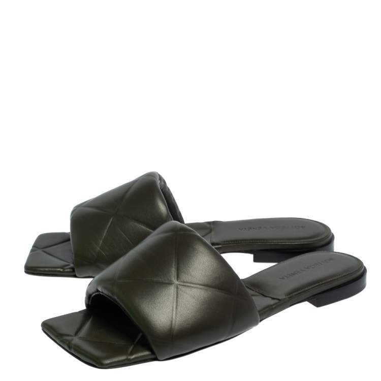 Pre Owned Bottega Veneta Olive Green Slide Flats Size 38