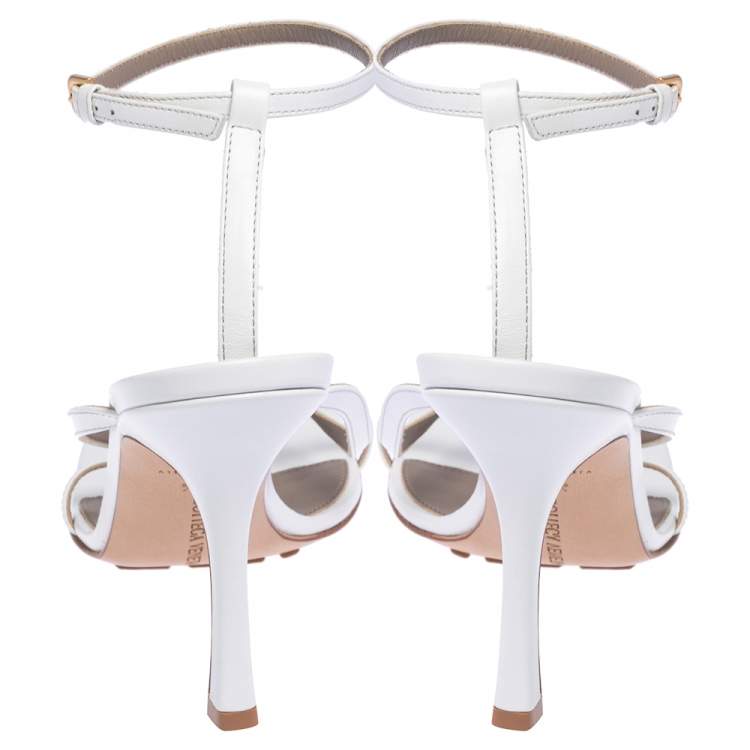 Pre Owned Bottega Veneta White Leather Ankle Strap Square Toe Sandals Size 38.5
