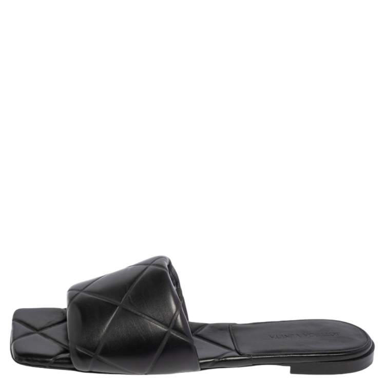 Pre Owned Bottega Black Quilted Leather Slide Flats Size 42