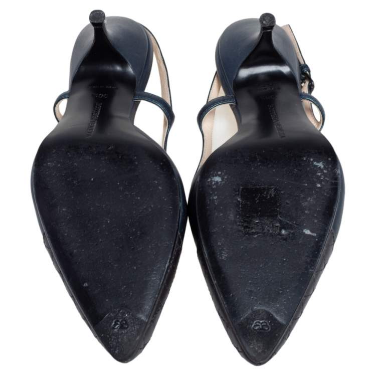 Pre Owned Bottega Veneta Dark Green/Brown Leather Slingback Kitten Heel Sandals Size 38.5