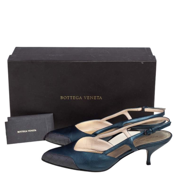 Pre Owned Bottega Veneta Dark Green/Brown Leather Slingback Kitten Heel Sandals Size 38.5