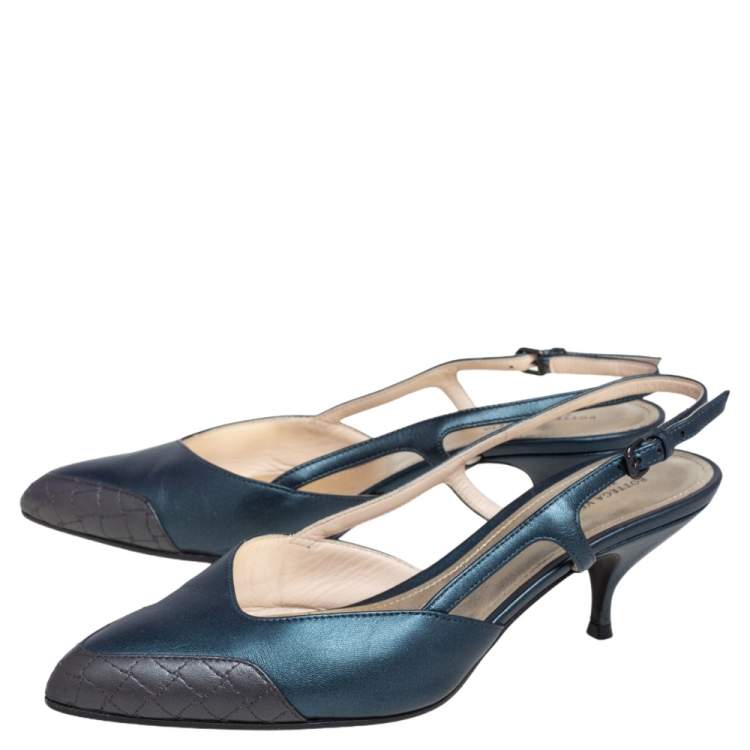 Pre Owned Bottega Veneta Dark Green/Brown Leather Slingback Kitten Heel Sandals Size 38.5