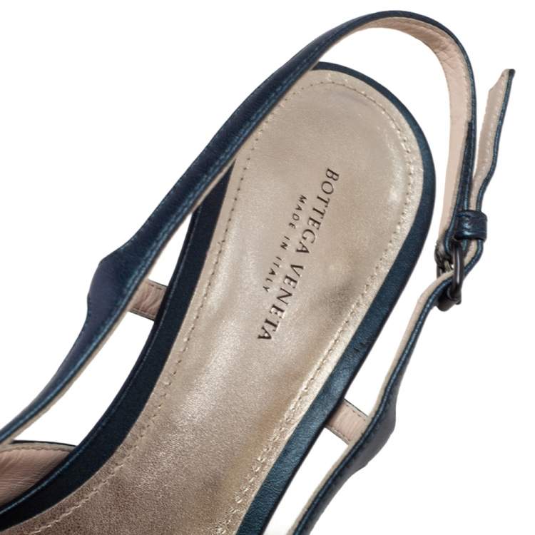 Pre Owned Bottega Veneta Dark Green/Brown Leather Slingback Kitten Heel Sandals Size 38.5
