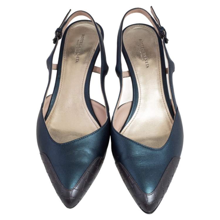 Pre Owned Bottega Veneta Dark Green/Brown Leather Slingback Kitten Heel Sandals Size 38.5