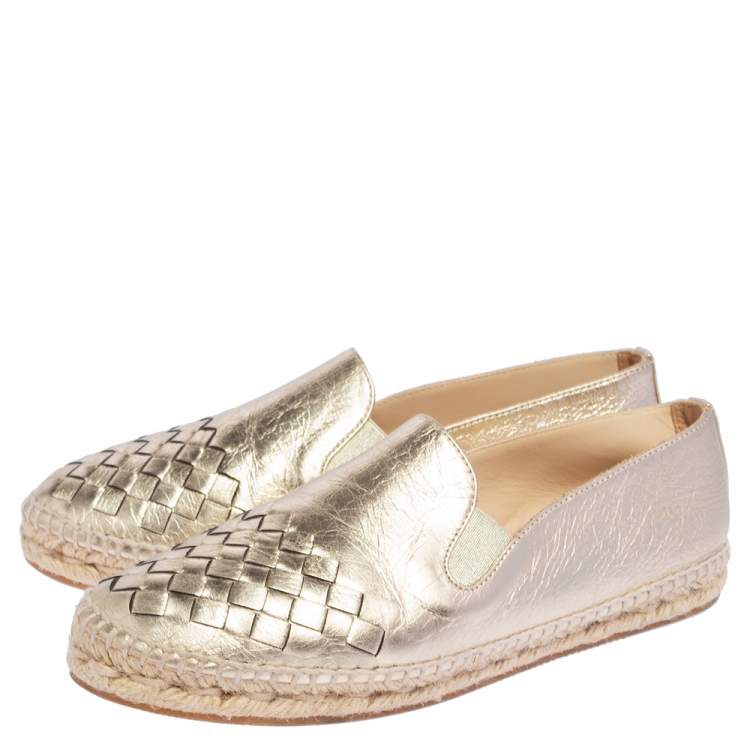 Pre Owned Bottega Veneta Gold Intreciatto Leather Espadrille Flats Size 36