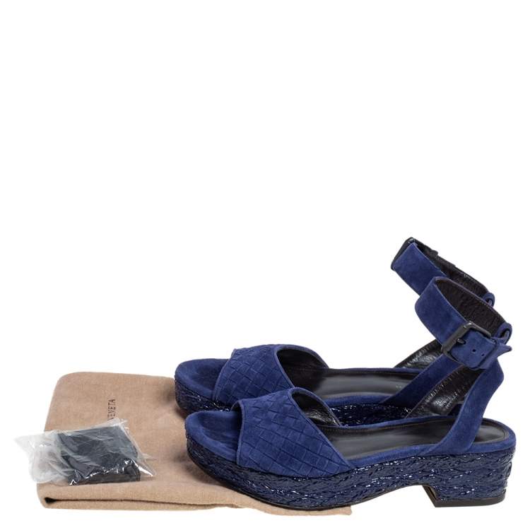 Pre Owned Bottega Veneta Blue Intrecciato Suede Coated Espadrille Platform Sandals Size 38