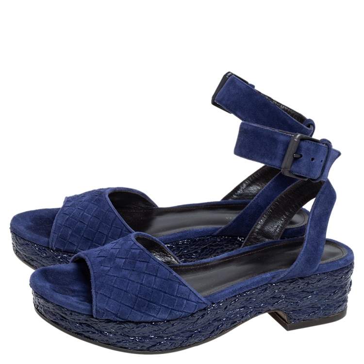Pre Owned Bottega Veneta Blue Intrecciato Suede Coated Espadrille Platform Sandals Size 38