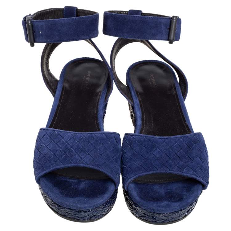 Pre Owned Bottega Veneta Blue Intrecciato Suede Coated Espadrille Platform Sandals Size 38
