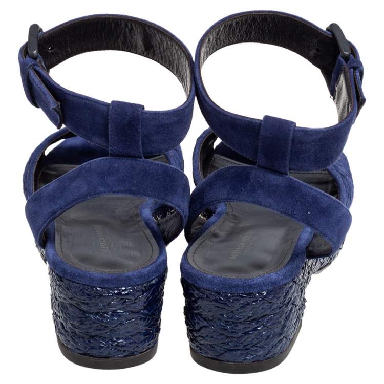 Pre Owned Bottega Veneta Blue Intrecciato Suede Coated Espadrille Platform Sandals Size 38