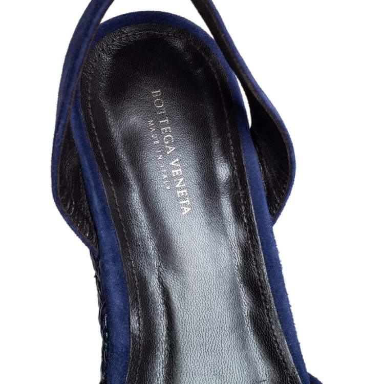 Pre Owned Bottega Veneta Blue Intrecciato Suede Coated Espadrille Platform Sandals Size 38