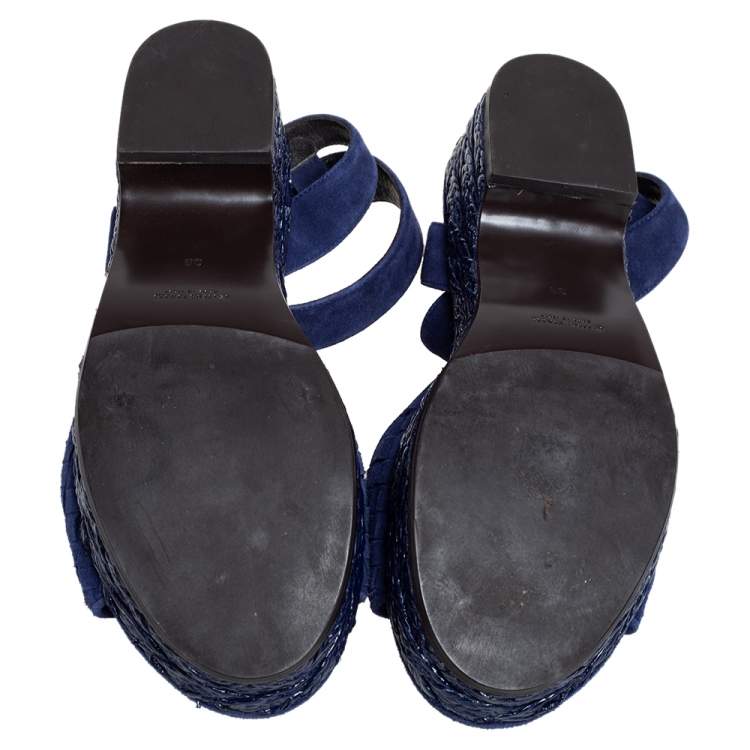 Pre Owned Bottega Veneta Blue Intrecciato Suede Coated Espadrille Platform Sandals Size 38
