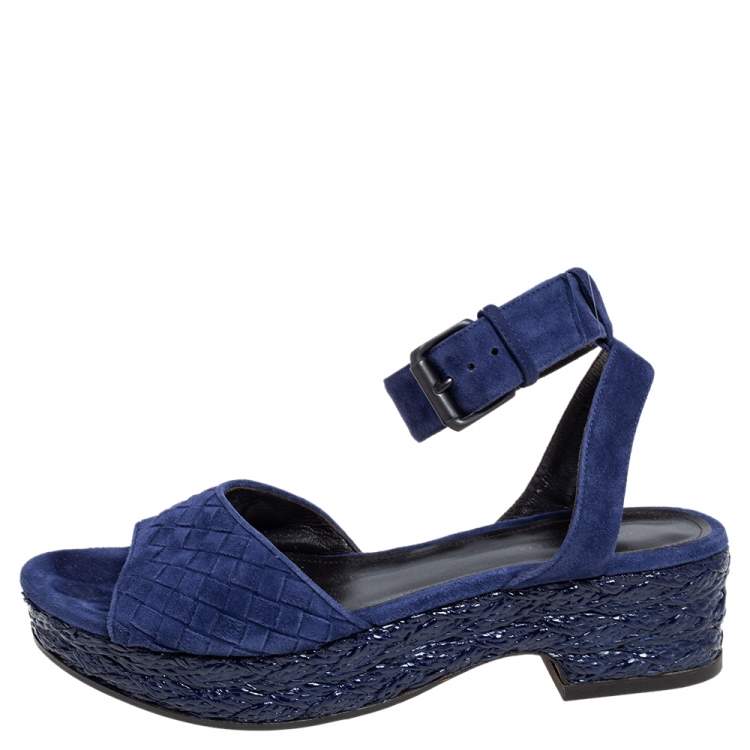 Pre Owned Bottega Veneta Blue Intrecciato Suede Coated Espadrille Platform Sandals Size 38