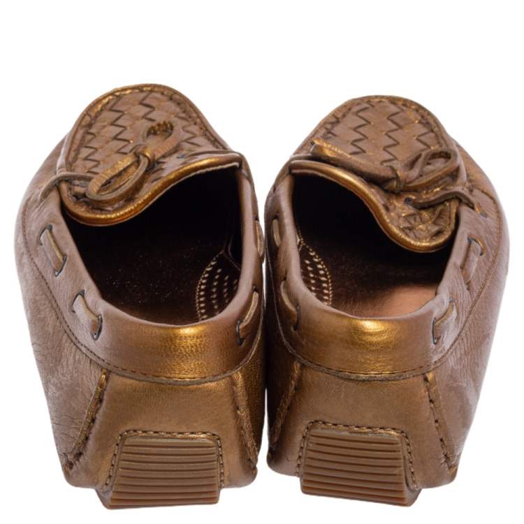 مملوكة مسبقًا Bottega Veneta Gold Intrecciato Leather Bow Slip On Loafers Size 37.5