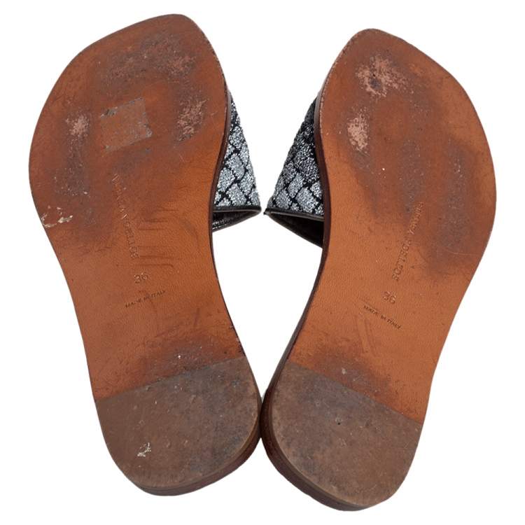 Pre Owned Bottega Veneta Metallic Grey/Silver Intrecciato Fabric Slide Flats Size 36