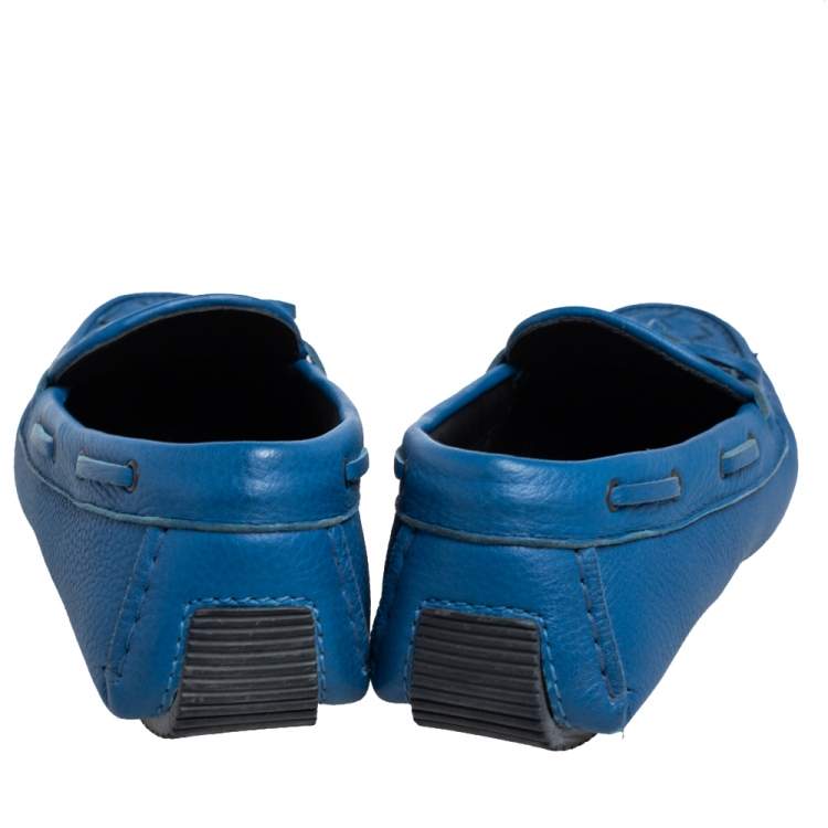 Pre Owned Bottega Veneta Blue Intrecciato Leather Bow Slip On Loafers Size 38