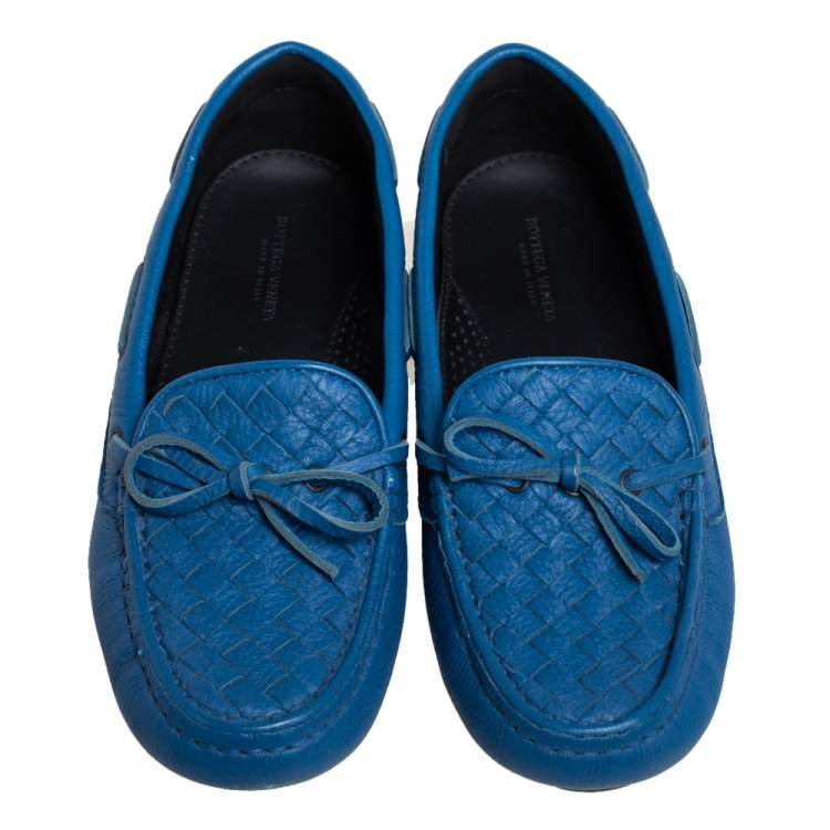 Pre Owned Bottega Veneta Blue Intrecciato Leather Bow Slip On Loafers Size 38