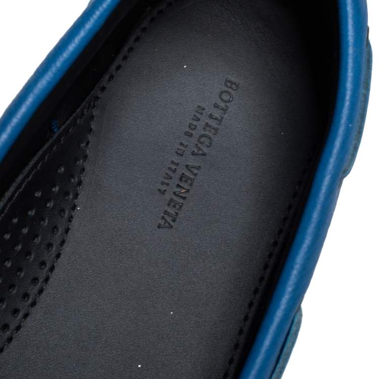 Pre Owned Bottega Veneta Blue Intrecciato Leather Bow Slip On Loafers Size 38