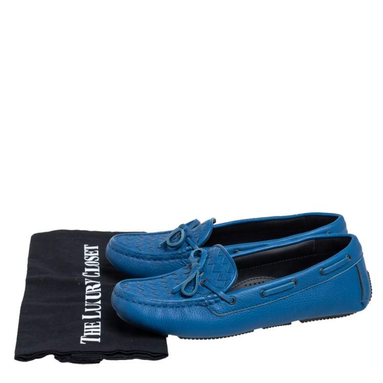 Pre Owned Bottega Veneta Blue Intrecciato Leather Bow Slip On Loafers Size 38