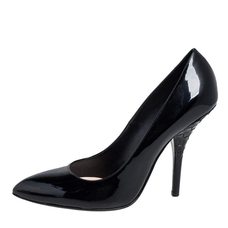 Pre Owned Bottega Veneta Black Patent Leather Intrecciato Heel Pointed Toe Pumps Size 40
