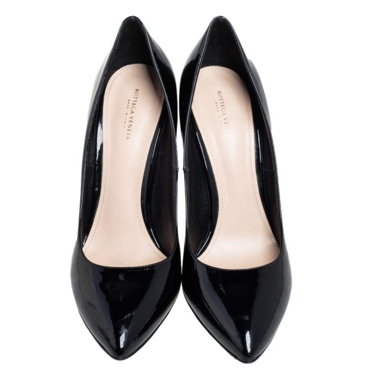 Pre Owned Bottega Veneta Black Patent Leather Intrecciato Heel Pointed Toe Pumps Size 40