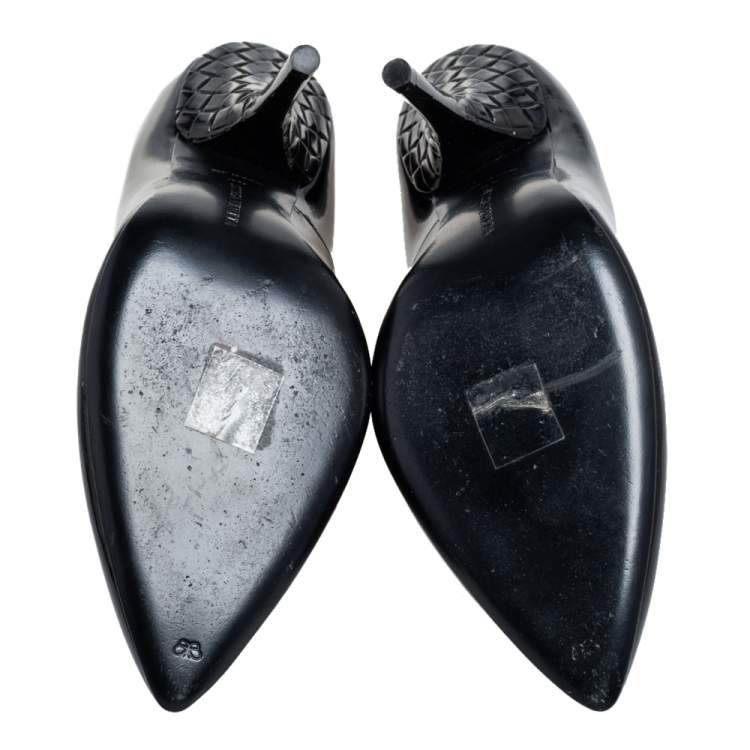 Pre Owned Bottega Veneta Black Patent Leather Intrecciato Heel Pointed Toe Pumps Size 40