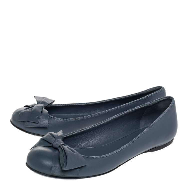 Pre Owned Bottega Veneta Blue Leather Bow Ballet Flats Size 36