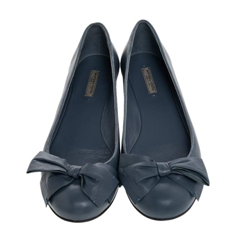Pre Owned Bottega Veneta Blue Leather Bow Ballet Flats Size 36