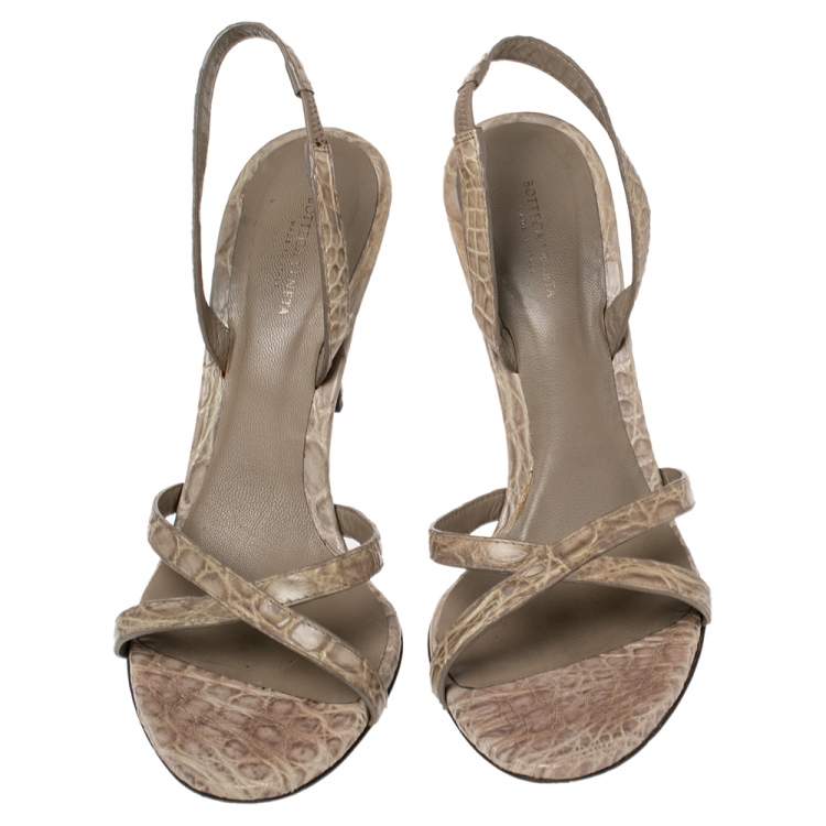 Pre Owned Bottega Veneta Grey Crocodile Crisscross Slingback Sandals Size 39