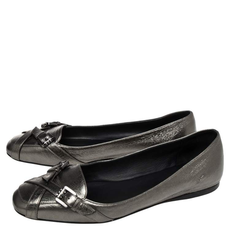 Pre Owned Bottega Veneta Metallic Leather Cross Buckle Strap Ballet Flats Size 39