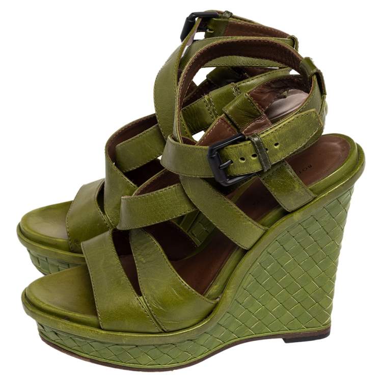 Pre Owned Bottega Veneta Green Intrecciato And Leather Wedge Sandals Size 38